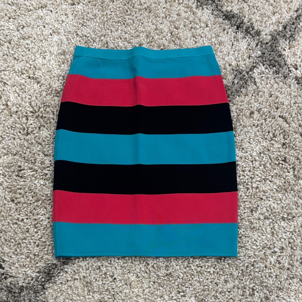 bebe Turquoise and Red Striped Pencil Skirt